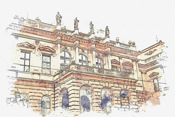 Boceto Acuarela Ilustración Arquitectura Checa Hermoso Edificio Praga Con Balcón — Foto de Stock