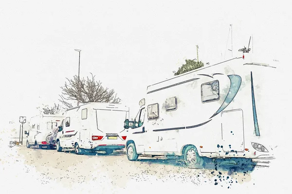A watercolor sketch or illustration. Parking trailers. Traveling on a house on wheels — Stock Photo, Image