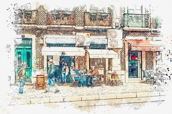 Eine aquarellierte Skizze oder Illustration. Eine Gruppe von Männern oder Freunden sitzt auf der Straße neben dem Restaurant. Lissabon. — Stockfoto