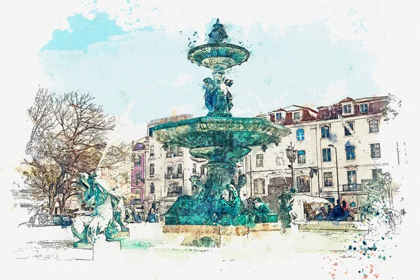 Eine aquarellierte Skizze oder Illustration. schöner alter brunnen auf dem stadtplatz in Lissabon — Stockfoto