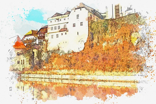 Eine aquarellierte Skizze oder eine Illustration der traditionellen Architektur in cesky krumlov in der Tschechischen Republik. — Stockfoto