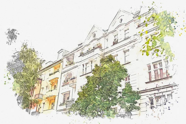 水彩スケッチやベルリンの典型的なアパートの建物のイラスト. — ストック写真