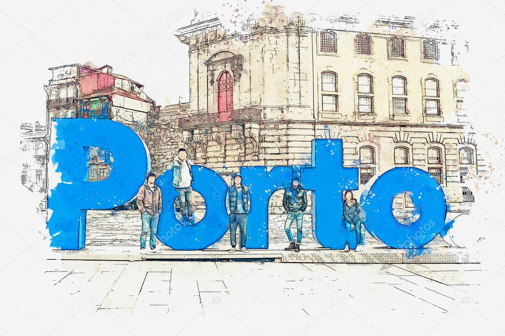 Illustration of the letter Porto and people next to them in the city of Porto in Portugal.