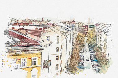 Suluboya bir kroki ya da bir örnek. Binalar, yol ve park etmiş arabaların üzerine Berlin'de için yüksek noktasından görüntüleyin.