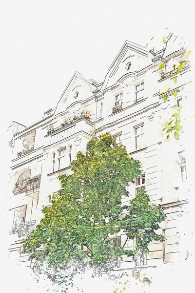 Un boceto de acuarela o una ilustración del típico edificio de apartamentos en Berlín . — Foto de Stock