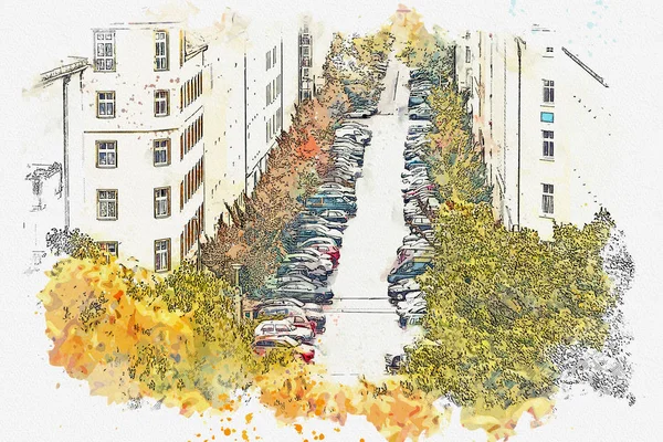 Egy akvarell Vázlat vagy egy illusztráció. Kilátás magas pont az utcára, az épületek, a közúti és a parkoló autók, Berlin. — Stock Fotó