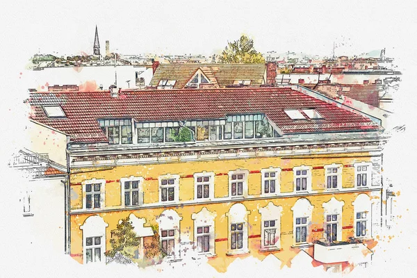 Eine aquarellierte Skizze oder eine Illustration. Traditionelle Architektur in Berlin in Deutschland. — Stockfoto