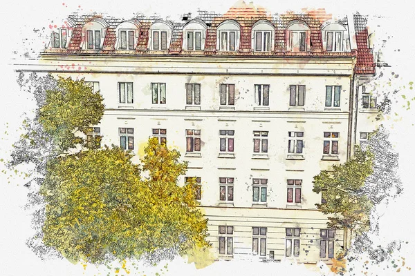 Szkic akwarela czy ilustracja. Tradycyjne architektury w Berlinie w Niemczech. — Zdjęcie stockowe