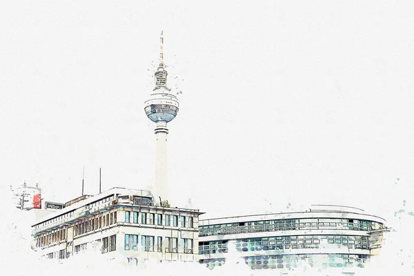 Un boceto de acuarela o ilustración. Arquitectura de Berlín. La torre de televisión en la plaza llamada Alexanderplatz —  Fotos de Stock