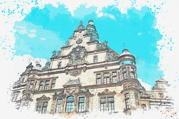 A watercolor sketch or illustration. Part of the ancient architectural complex called the Royal Palace. Dresden, Germany. — Stock Photo, Image
