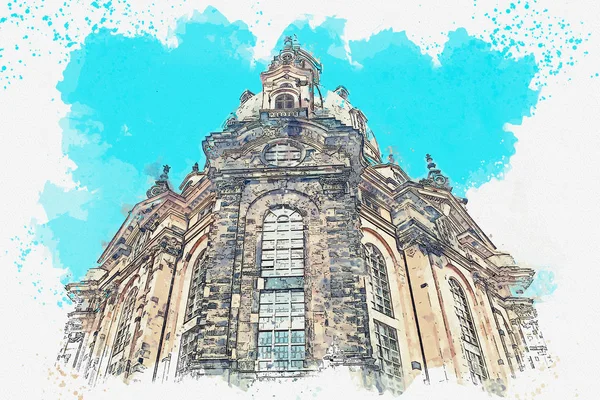 En akvarell skiss eller illustration. Kyrkan kallas Frauenkirche i Dresden i Tyskland — Stockfoto
