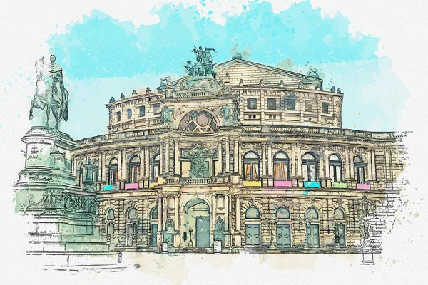 Szkic akwarela czy ilustracja. Opera Sempera w Dreźnie w Niemczech — Zdjęcie stockowe