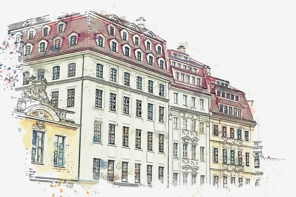 Акварель ескіз або ілюстрація. Традиційна архітектура в Дрезден, Німеччина — стокове фото