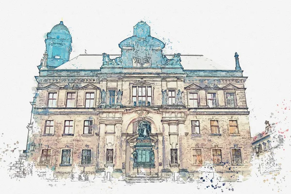 A watercolor sketch or illustration. Part of the ancient architectural complex called the Royal Palace. Dresden, Germany. — Stock Photo, Image