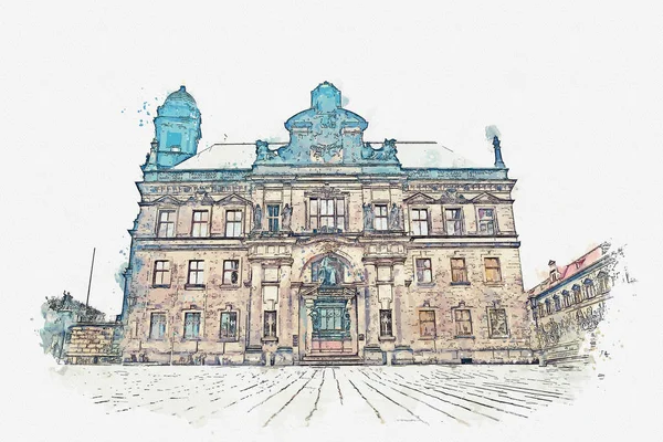 Un boceto de acuarela o ilustración. Parte del antiguo complejo arquitectónico llamado Palacio Real. Dresde, Alemania . — Foto de Stock