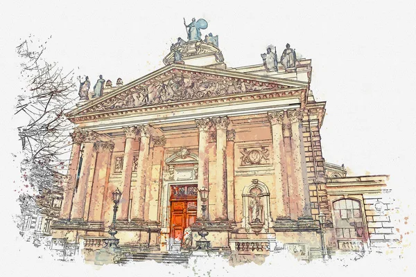 Un boceto de acuarela o ilustración. Arquitectura Dresde. El edificio del teatro de la ciudad . — Foto de Stock