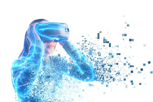 Людина у віртуальних окулярах летить до пікселів. концепція майбутніх технологій . — стокове фото