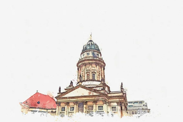 Um esboço aquarela ou uma ilustração. Catedral Francesa ou Franzoesischer Dom em Berlim, Alemanha . — Fotografia de Stock