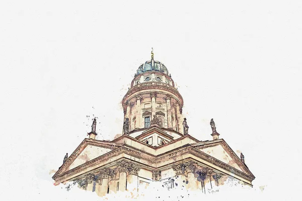 En akvarell skiss eller en illustration. Franska katedralen eller Franzoesischer Dom i Berlin, Tyskland. — Stockfoto