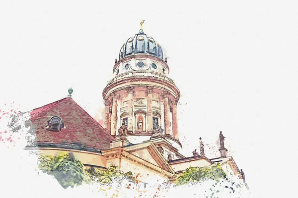 수채화 스케치 또는 일러스트 레이 션입니다. 프랑스 대성당 또는 Franzoesischer Dom 베를린, 독일. — 스톡 사진