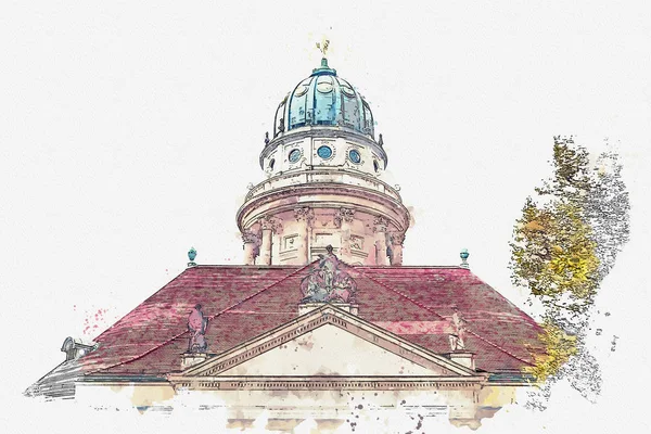 Um esboço aquarela ou uma ilustração. Catedral Francesa ou Franzoesischer Dom em Berlim, Alemanha . — Fotografia de Stock