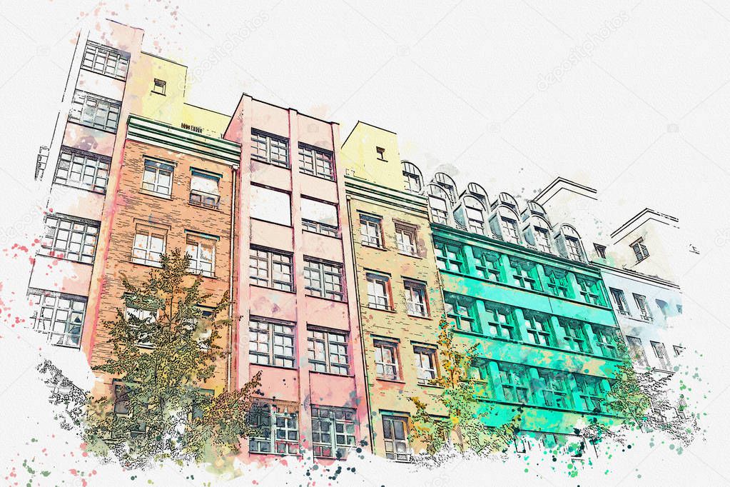 A watercolor sketch or illustration. Berlin. Colored residential buildings.