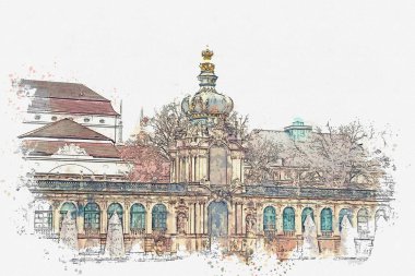 Bir suluboya kroki veya illüstrasyon. Almanya'da Dresden Zwinger