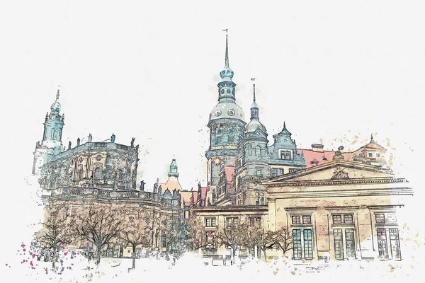 A watercolor sketch or illustration. The ancient architectural complex called the Royal Palace. Dresden, Germany. — Stock Photo, Image