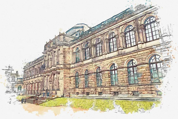 Een aquarel schets of illustratie. Zwinger in Dresden in Duitsland — Stockfoto