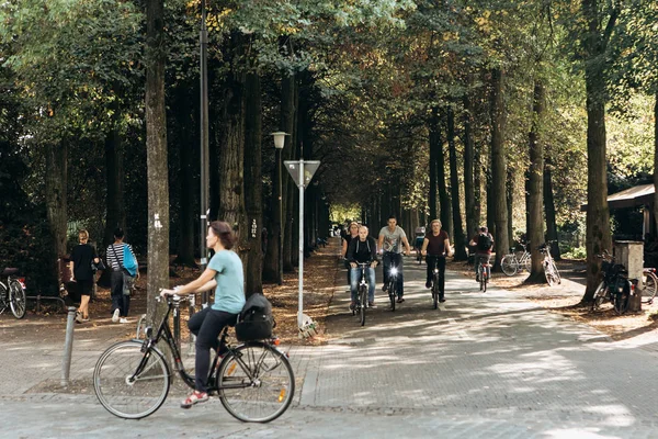 People ride bicycles along the bike path. Everyday city life.