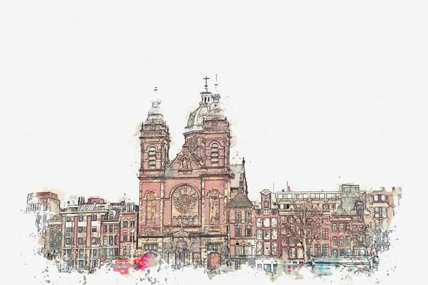 Ilustración o boceto de acuarela. Arquitectura tradicional antigua en Amsterdam . — Foto de Stock