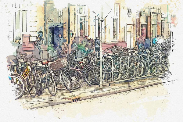 Ilustración o boceto de acuarela. Mucha gente y bicicletas en la calle en Amsterdam . — Foto de Stock