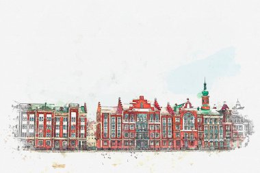 Suluboya kroki veya Belçika tarzı geleneksel Avrupa mimari çizimi.