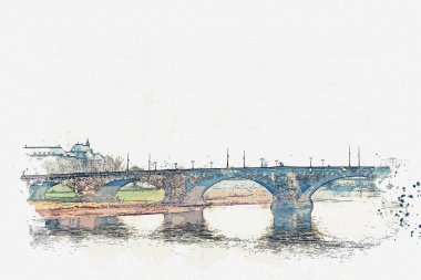 Suluboya bir kroki ya da bir örnek. Almanya'da Dresden Elbe Nehri üzerinde köprü.