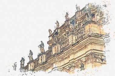 Bir suluboya kroki veya illüstrasyon. Dresden Eski bir binanın çatısında heykeller.