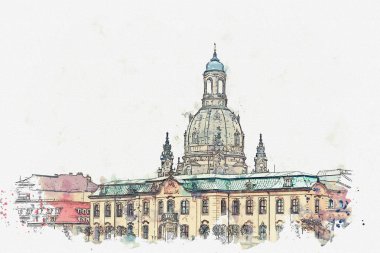 Bir suluboya kroki veya illüstrasyon. Dresden mimarisi. Kentin simgelerinden