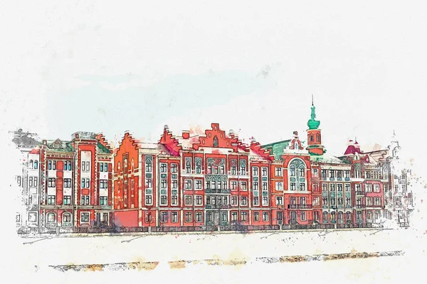 Watercolor sketch or illustration of traditional European architecture in the Belgian style. — Stock Photo, Image