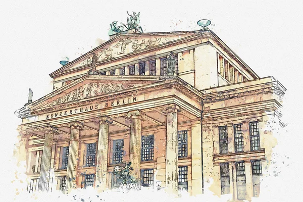 Egy akvarell Vázlat vagy egy illusztráció. A berlini koncert-ház — Stock Fotó
