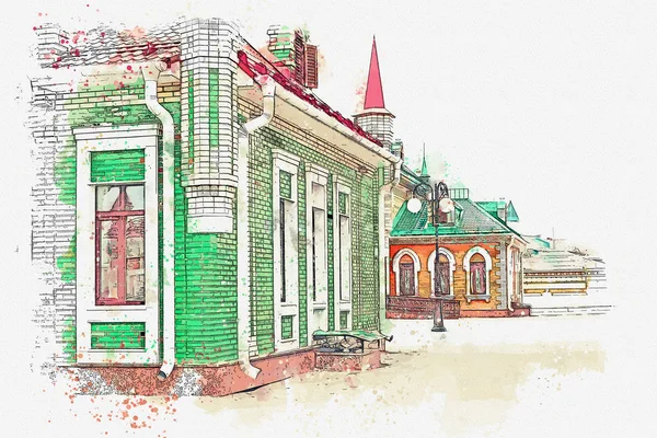 Un boceto de acuarela o una ilustración. Arquitectura tradicional rusa en la ciudad llamada Yoshkar-Ola en Rusia — Foto de Stock