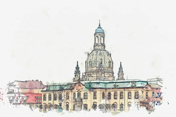 A watercolor sketch or illustration. Dresden architecture. City landmark — Stock Photo, Image