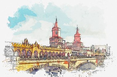 Suluboya bir kroki ya da bir örnek. Berlin mimarisi. Nehir üzerinde köprü görünümü
