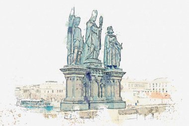 Suluboya bir kroki ya da bir örnek. Norbert, Sigismund ve Vaclav Prag'daki Charles Köprüsü'nde azizlerin heykelleri.