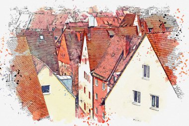 Suluboya bir kroki ya da Almanya'da Nürnberg'deki geleneksel Alman mimarisinin bir örnek