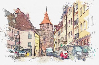 Suluboya bir kroki ya da Almanya'da Nürnberg'deki geleneksel Alman mimarisinin bir örnek