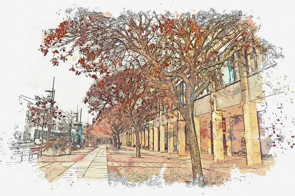 Eine aquarellierte Skizze oder eine Illustration. Blick auf die Straße in Dresden — Stockfoto