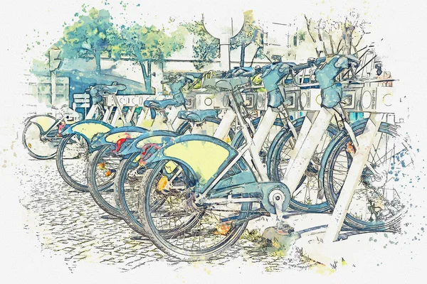 Eine aquarellierte Skizze oder eine Illustration. street bike verleih in Lissabon — Stockfoto