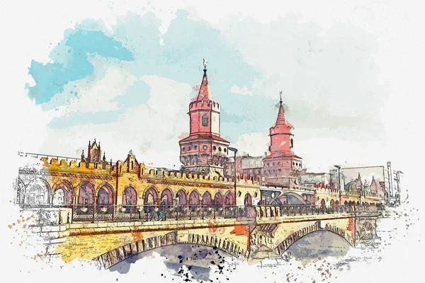 Eine aquarellierte Skizze oder eine Illustration. die architektur berlins. Blick auf die Brücke über den Fluss — Stockfoto