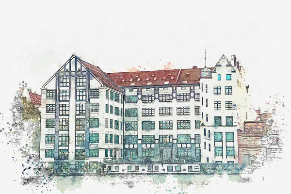 Un boceto de acuarela o una ilustración. Un edificio residencial tradicional al estilo alemán en Berlín — Foto de Stock