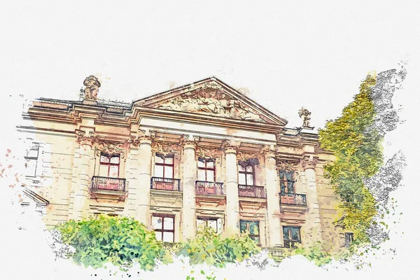 Un boceto de acuarela o una ilustración. Edificio del museo. Arquitectura europea tradicional en Berlín — Foto de Stock
