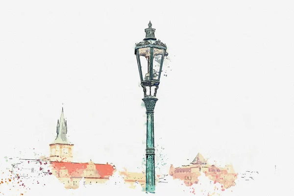 Um esboço aquarela ou uma ilustração. Ponte Charles em Praga. Lanterna na ponte . — Fotografia de Stock